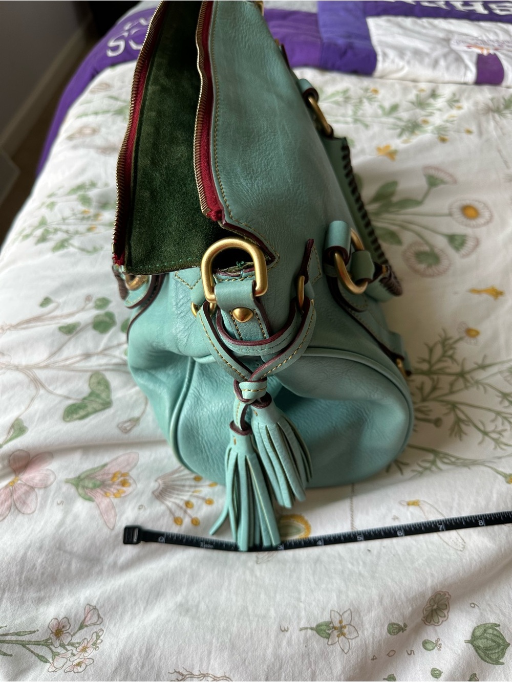 Vintage Dooney & Bourke Florentine Aqua Leather Satchel with Brass Hardware - Picture 2 of 8